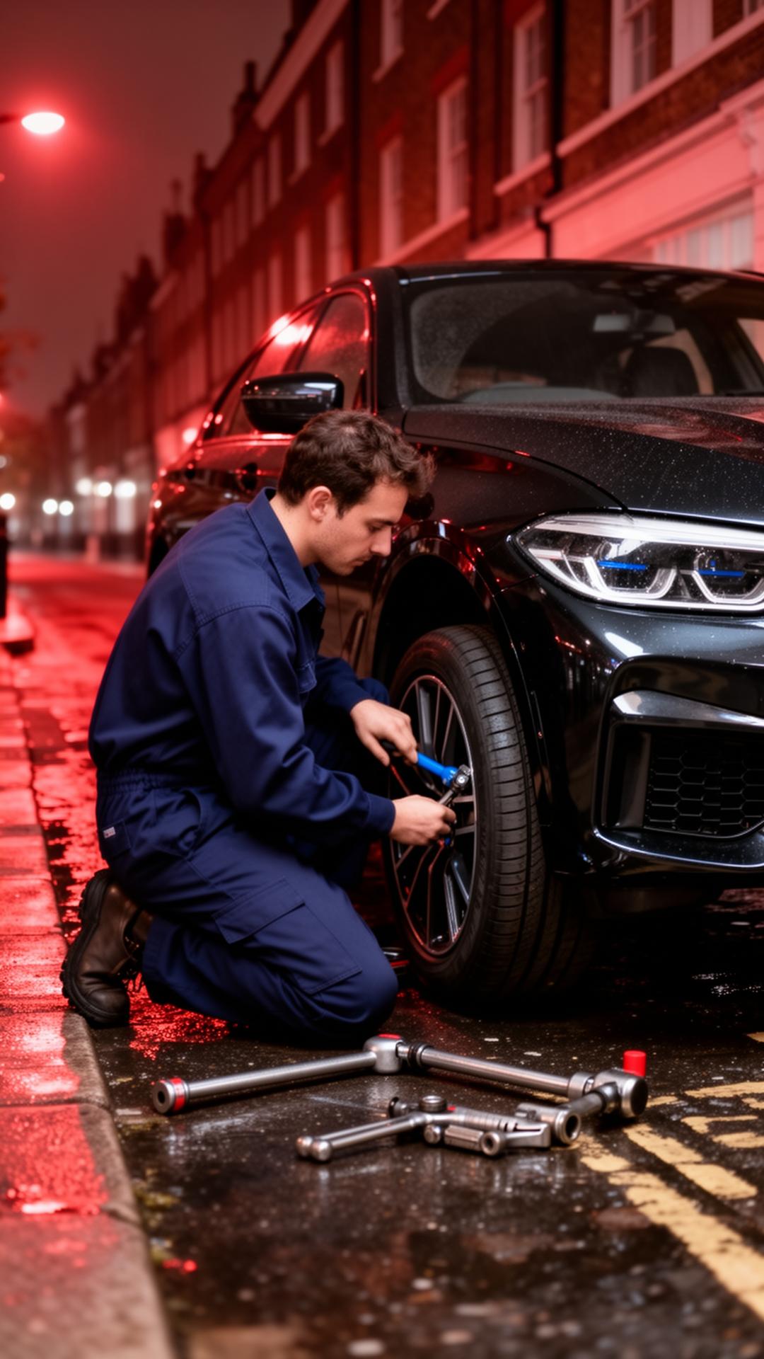 Mobile tyre technician changing a tyre on a black BMW on a London street at night