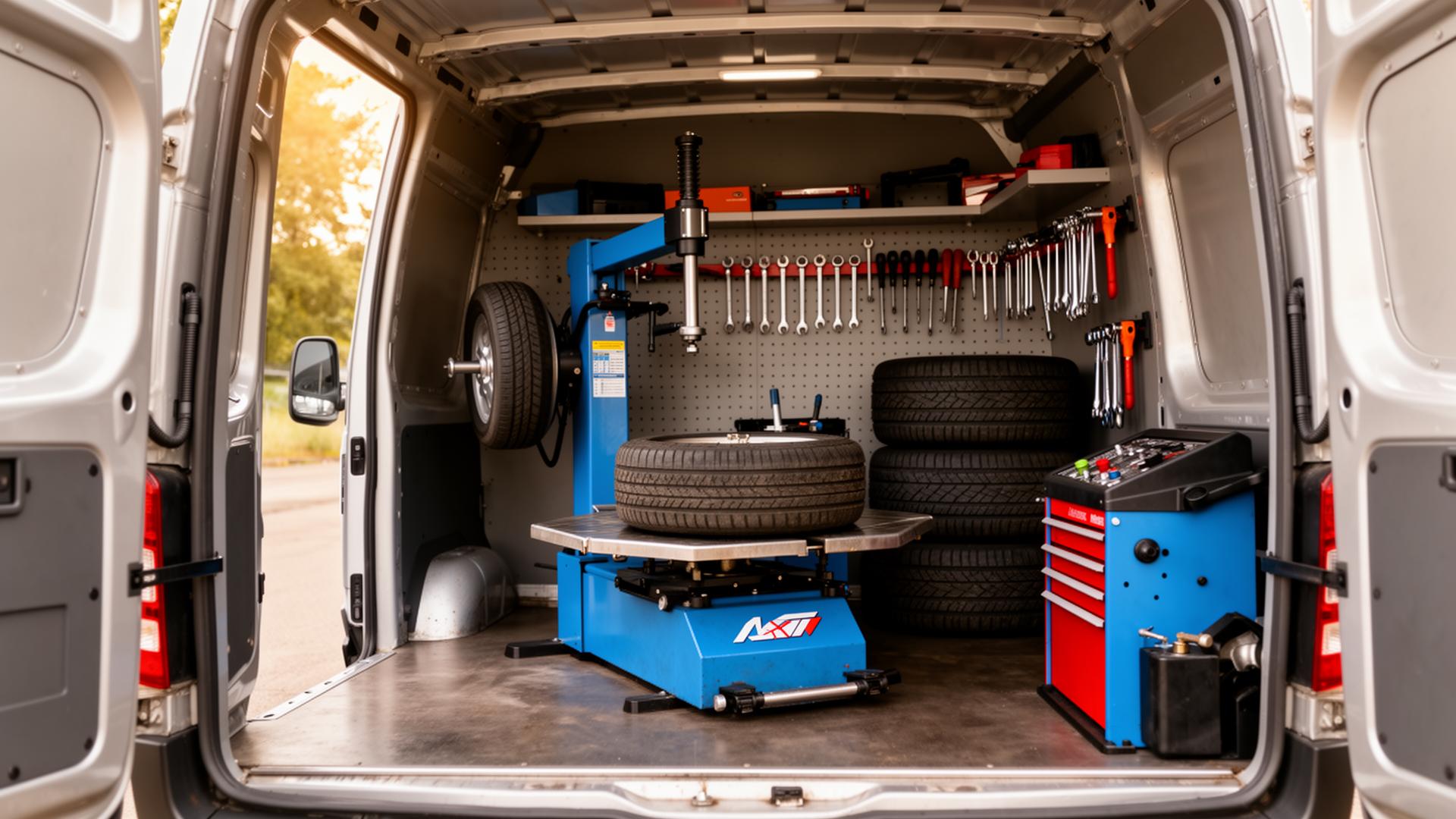 Fully equipped mobile tyre fitting van interior with tyre machine and balancer