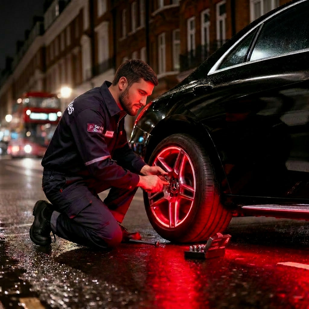 Mobile tyre technician replacing a tyre on a luxury car at night in Central London